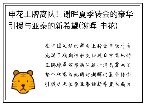 申花王牌离队！谢晖夏季转会的豪华引援与亚泰的新希望(谢晖 申花)