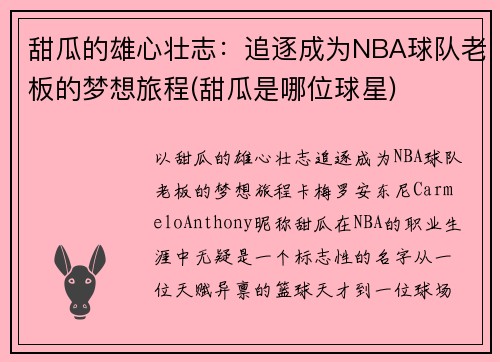 甜瓜的雄心壮志：追逐成为NBA球队老板的梦想旅程(甜瓜是哪位球星)
