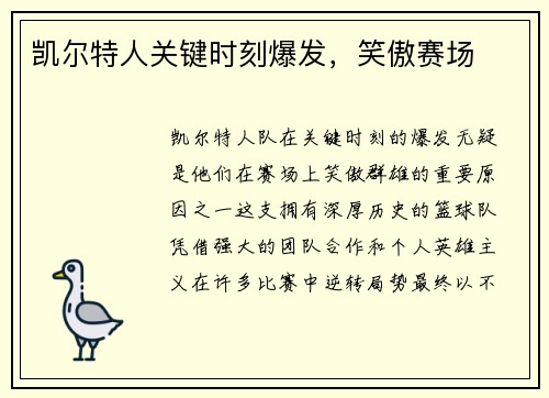 凯尔特人关键时刻爆发，笑傲赛场