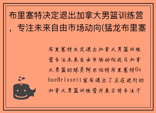 布里塞特决定退出加拿大男篮训练营，专注未来自由市场动向(猛龙布里塞特)