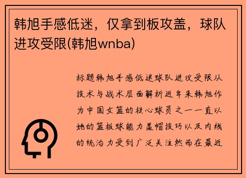 韩旭手感低迷,仅拿到板攻盖,球队进攻受限(韩旭wnba)
