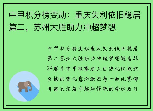 中甲积分榜变动：重庆失利依旧稳居第二，苏州大胜助力冲超梦想