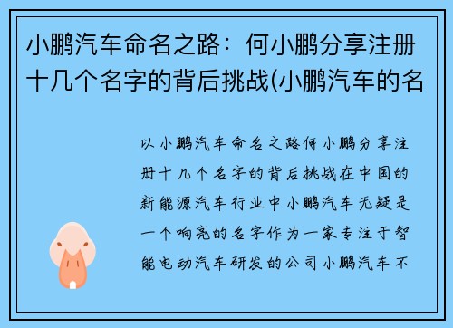 小鹏汽车命名之路：何小鹏分享注册十几个名字的背后挑战(小鹏汽车的名字怎么取得)