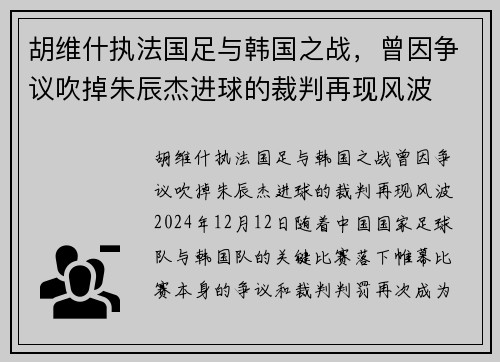 胡维什执法国足与韩国之战，曾因争议吹掉朱辰杰进球的裁判再现风波