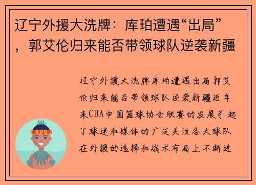 辽宁外援大洗牌：库珀遭遇“出局”，郭艾伦归来能否带领球队逆袭新疆？